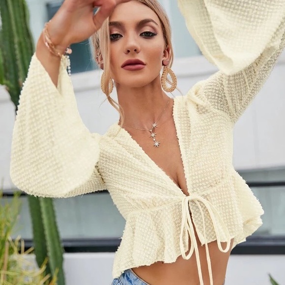 NWOT SHEIN Double Crazy Cream & Gold Glitter Knit Self-Tie Peplum Top Size L - Picture 3 of 11